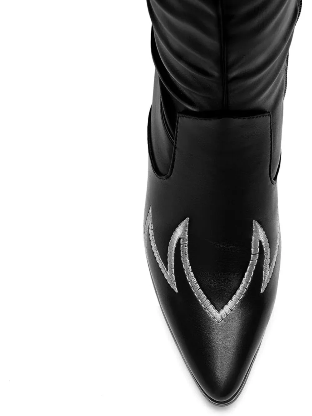 Women's Black Faux Leather Embroidery Slouchy Shaft Chunky Heel Knee High Boots